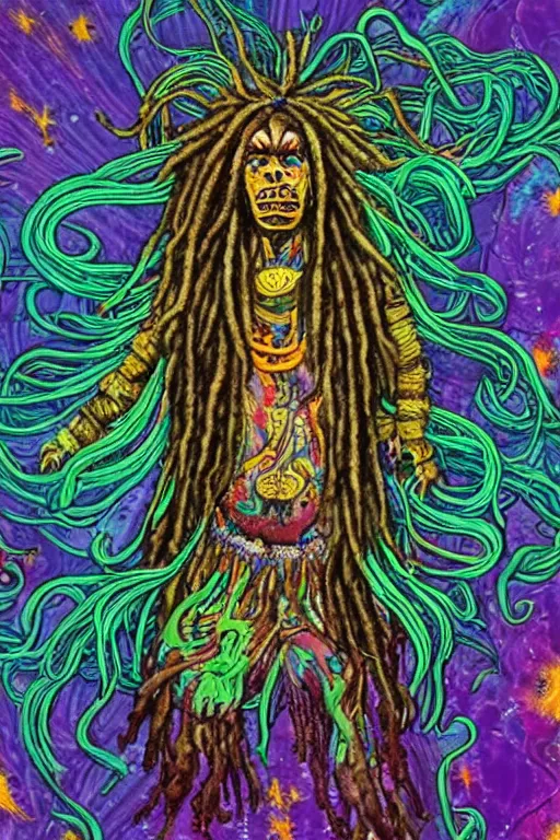 Prompt: a chaotic psychedelic monster with dreadlocks, cosmic horror