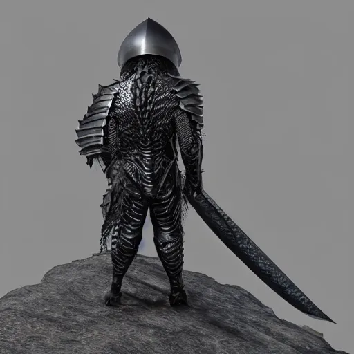 Image similar to detailed hypperrealistic artstation render of a scaly black cloaked man, wearing a metal knights helmet, carries a large knights greatsword in his hands, tentacles emerge from his back like wings