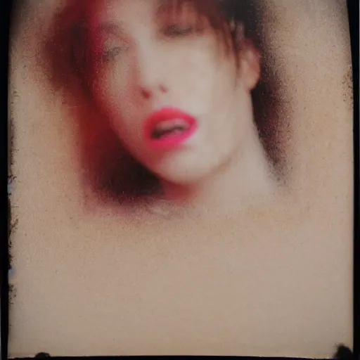 Image similar to a scratched, textured, severely chemically damaged, multilayered gum bichromate print of a blurry, dreamy faint close - up by david lachapelle of women kissing romantically.