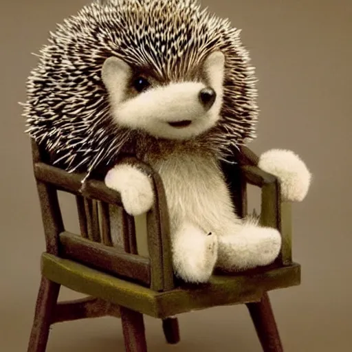 Prompt: cute cheeky grinning hedgehog sitting in a chair painted by gerard sekoto