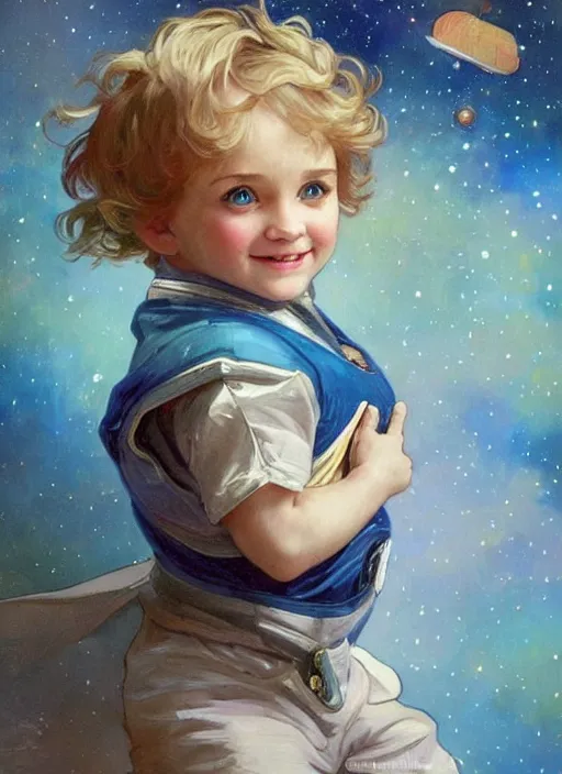 Image similar to a cute little boy with a mischievous face, blue eyes, and tousled blonde hair smiles as he floats in space with stars all around him. he is wearing a turquoise outfit. beautiful painting by artgerm and greg rutkowski and alphonse mucha