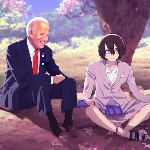 Image similar to photorealistic Joe Biden meets a beautiful smiling anime girl with black hair and hime cut sitting under a tree, anime key visual, digital art, anime screenshot, kyoto animation, makoto shinkai, trending on artstation