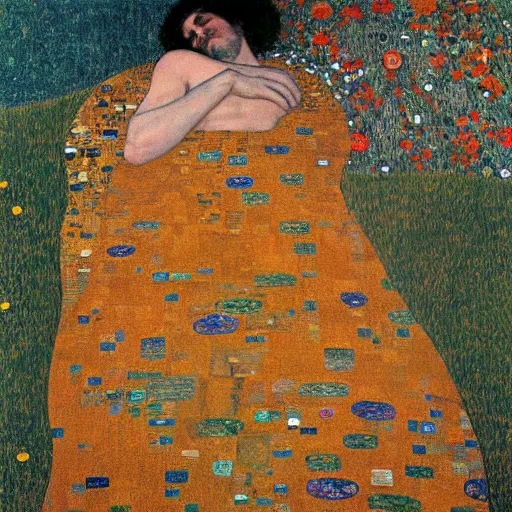 Image similar to a man laying in the sun, full body, Gustav Klimt painting