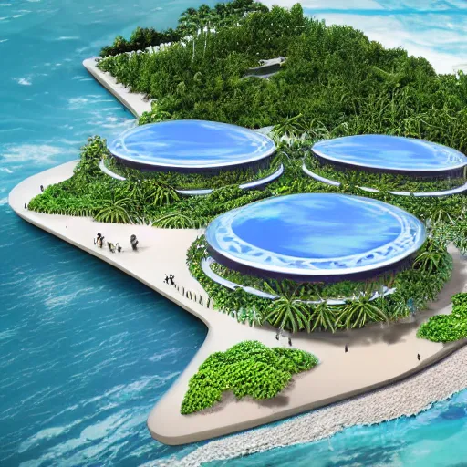 Image similar to architectural renderings, a seaside visitor center consisting of three mushroom - shaped buildings on the blue sea with tall coconut trees ， detailed