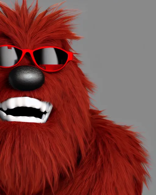 Prompt: 3 d render of red hairy friendly monster smiling wearing chrome shades, cartoony, white background, unreal engine 5