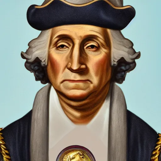 Prompt: a photorealistic colored pencil sketch of a happy George Washington wearing a gold chain around his neck with a small Doubloon coin attached as a necklace. This 4K HD image is Trending on Artstation, featured on Behance, well-rendered, extra crisp, features intricate detail and the style of Unreal Engine.