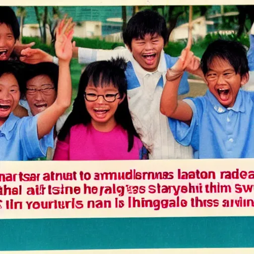 Prompt: a 1 9 9 0 s singaporean public education poster with students laughing at the camera