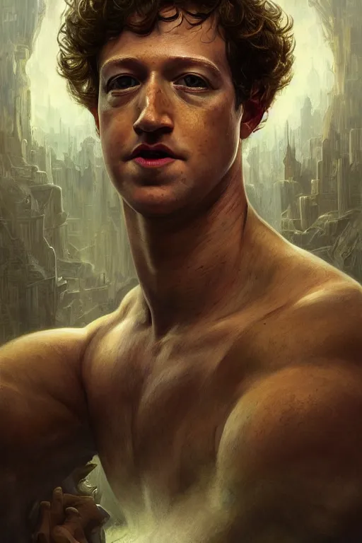 Image similar to portrait of mark zuckerberg as a hulking herculean demon, forest, godlike, full body, fantasy, intricate, elegant, highly detailed, digital painting, artstation, concept art, sharp focus, illustration, art by artgerm and greg rutkowski and alphonse mucha