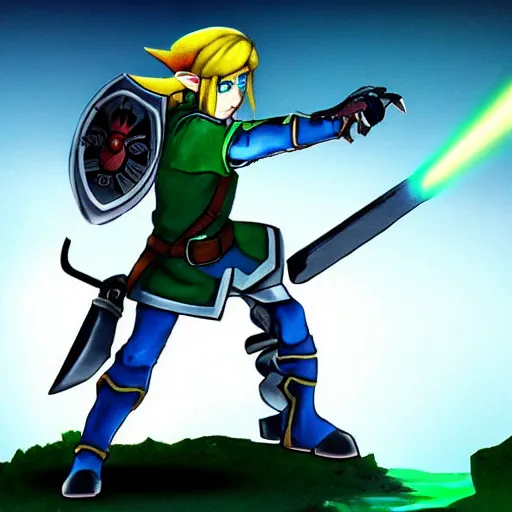 Image similar to link from zelda as a cyborg warrior robot