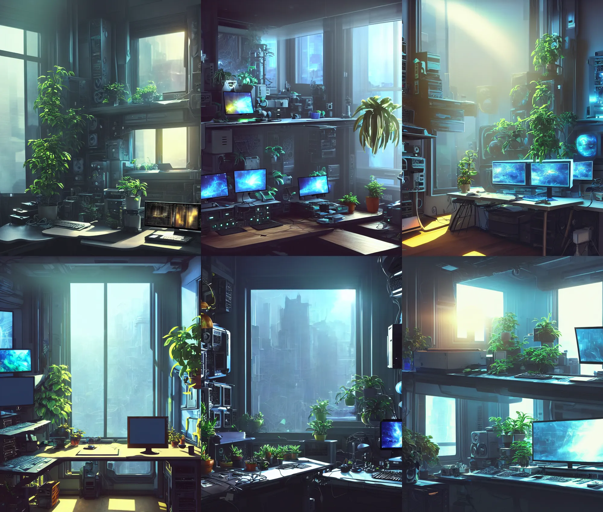 Prompt: detailed scifi artstation scene of a complex computer workstation in a small studio apartment room, a potted plant, many monitors, many electronics, a window view, maximalism, volumetric light, sunny amber morning light, sun beam, atmospheric haze, fine details, unreal engine, hyperrealism, realistic shading, blender render, photorealistic, wide shot