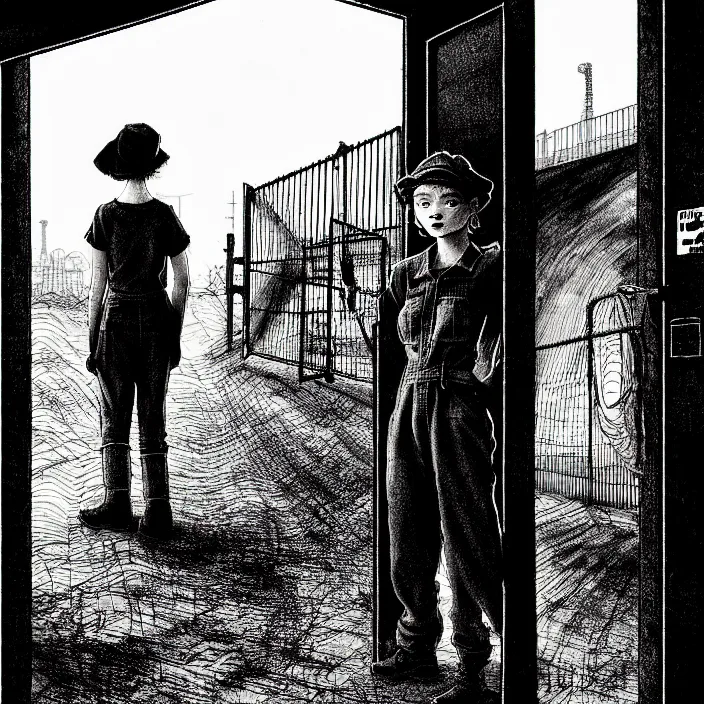 Image similar to sadie sink in dirty workmen clothes waves goodbye to workmen. near a gate. background : factory, dirty, polluted. technique : black and white pencil and ink. by gabriel hardman, joe alves, chris bonura. cinematic atmosphere, detailed and intricate, perfect anatomy