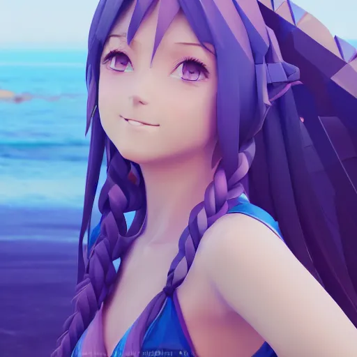 Prompt: low poly render as a very beautiful 3d anime girl, long braided purple hair, azure blue eyes, full round face, short smile, casual clothes, serene beach setting, cinematic lightning, medium shot, mid-shot, highly detailed, trending on Artstation, Unreal Engine 4k, cinematic wallpaper