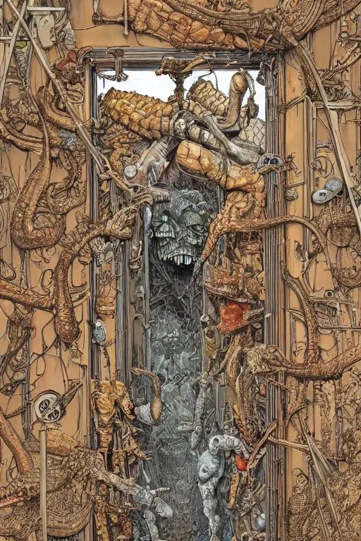 Image similar to a doorway to an impossible dream beyond comprehension, very very detailed painting by geof darrow and greg rutowski and hr giger