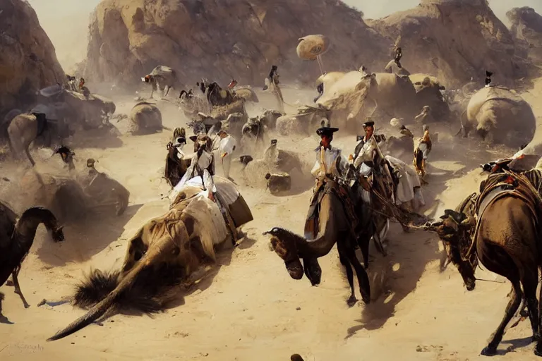 Image similar to portrait of a respectable dignified royal business elite politicians in top hats and coat tails riding on ostriches in the sahara desert throwing vanilla icecream cones at each other, art by anders zorn, wonderful masterpiece by greg rutkowski, beautiful cinematic light, american romanticism by greg manchess, jessica rossier