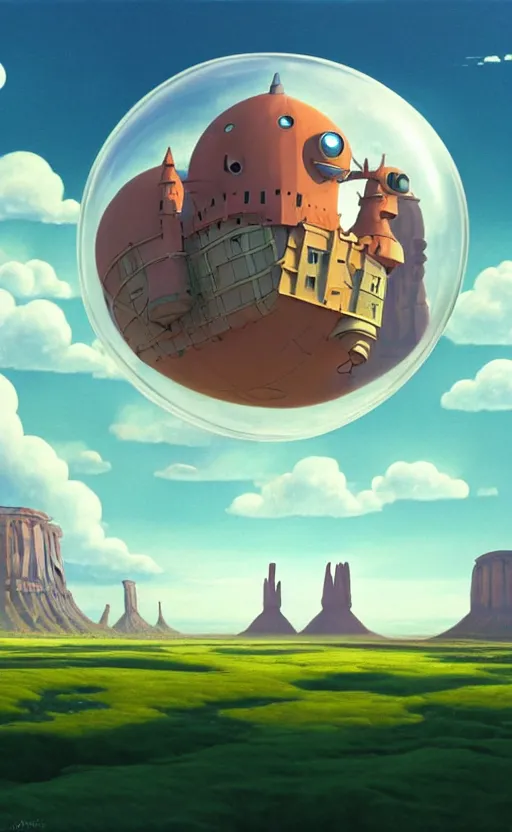 Image similar to a scary hyperrealist painting of a rocketship in a giant transparent cubic bubble from howl's moving castle ( 2 0 0 4 ) in a flooded monument valley stonehenge jungle. depth perception, 4 k, artstation, in the style of studio ghibli