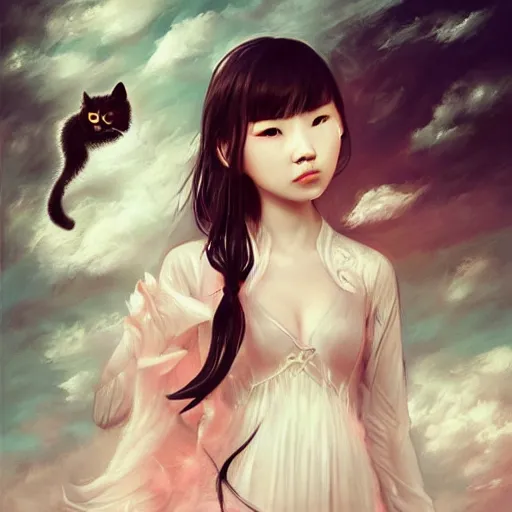 Image similar to style of Guo Hua ,young vampire and her black cat , full body , realistic, detailed, white, light pink tonalities, beautiful collage technique including clouds, sea, wind, ornate sea background, beautiful Fantasy detailed trending on artstation, oil painting,Dramatic lighting, eterea , high quality print, fine art with subtle redshift rendering