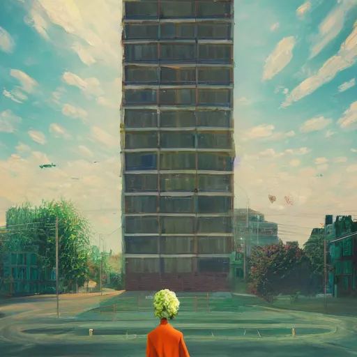 Prompt: huge flower as head, woman in suit standing by tall modern windows, luxury apartment, surreal photography, sunlight, impressionist painting, digital painting, artstation, simon stalenhag