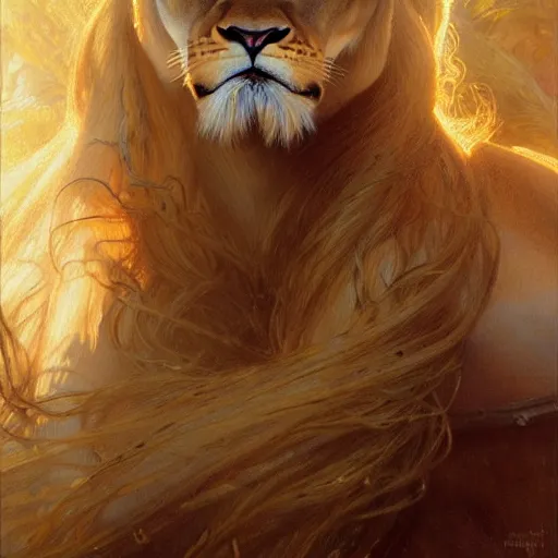 Image similar to highly detailed portrait of a majestic lioness queen in the form of a beautiful woman. d & d. art by donato giancola, eugene delacroix, ruan jia, gaston bussiere. trending on artstation, intricate details, energetic composition, golden ratio, concept art, illustration, elegant art, global illuminaition