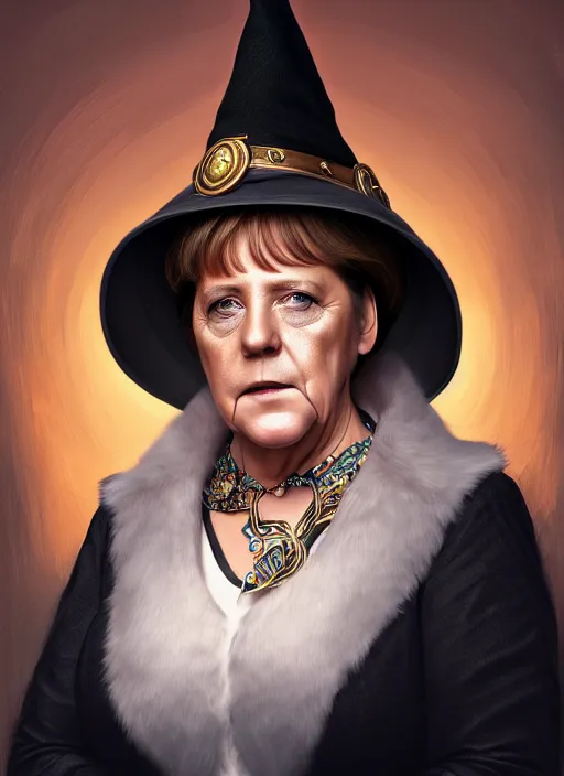 Prompt: portrait photography of angela merkel wearing a witch hat, intricate, elegant, highly detailed, digital painting, artstation, concept art, matte, sharp focus, illustration, hearthstone, art by artgerm and greg rutkowski and alphonse mucha