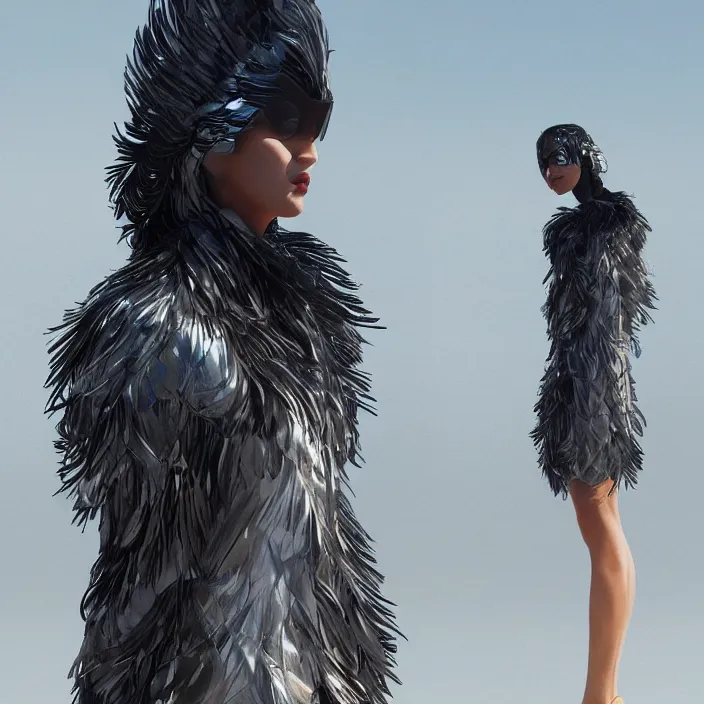 Image similar to metallic neoprene woman, feathered, nylon fashion, designed by wlop, by greg rutkowski, by santiago calatrava