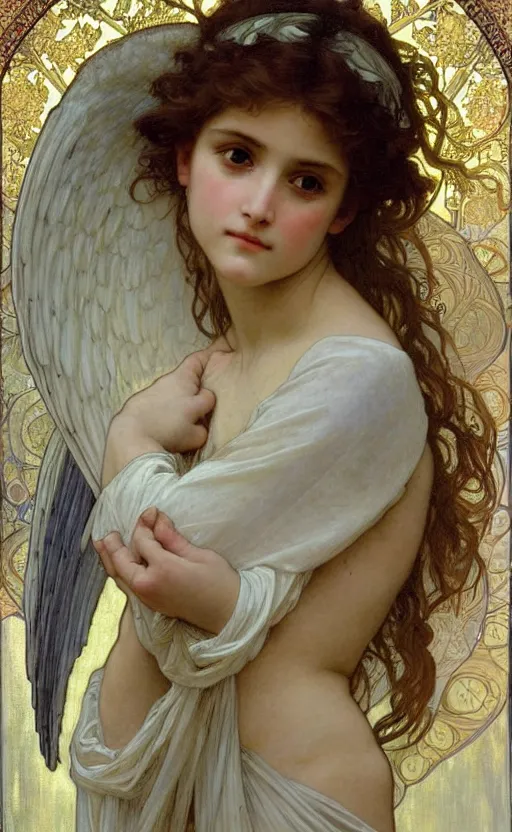 Image similar to portrait of a beautiful angel, intricate, elegant, hyperdetailed by alphonse mucha and william - adolphe bouguereau and john william waterhouse