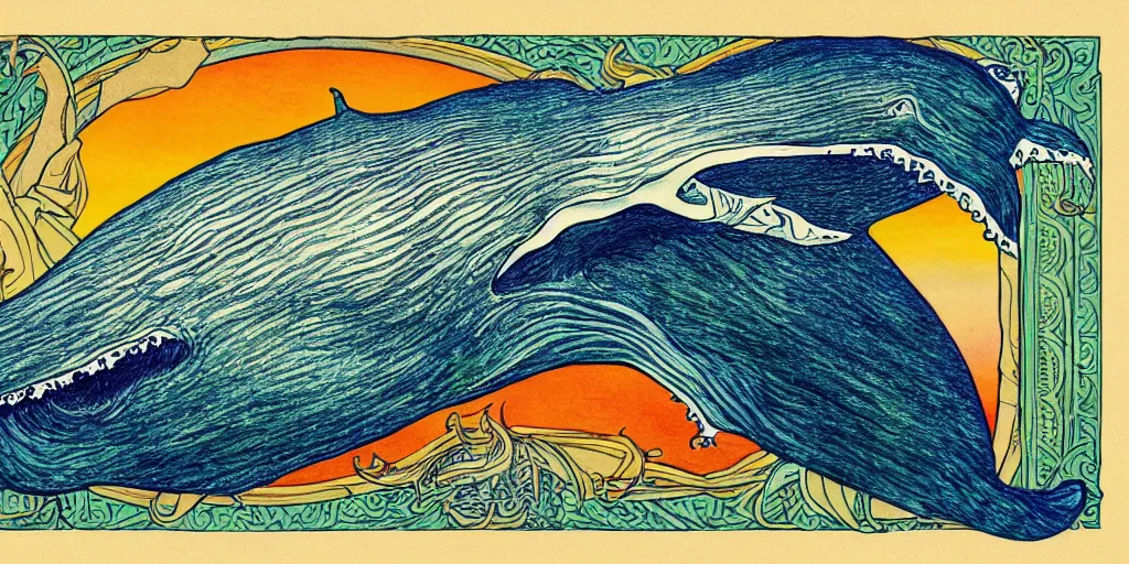 Image similar to humpback whale, tarot style, art nouveau, painted, high detail,