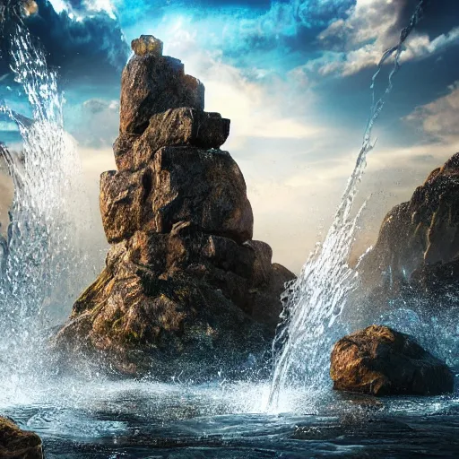 Image similar to a closeup photorealistic photograph of a rock tower with water drops, fantastic four theme.. bright scene. fine detail. this 4 k hd image is trending on artstation, featured on behance, well - rendered, extra crisp, features intricate detail, epic composition and the style of unreal engine.