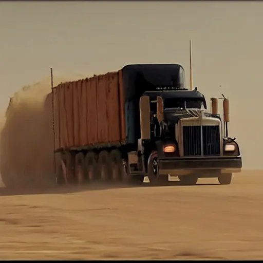 Image similar to argosy tractor trailer truck in mad max : fury road, midday light, dust storm,