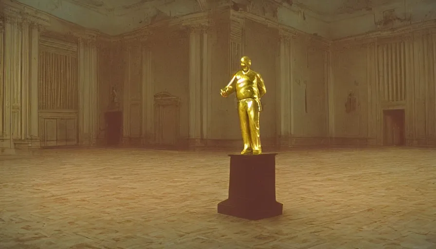 Image similar to movie still by tarkovsky portrait of a gold statue of lenin in an empty ballroom, cinestill 8 0 0 t 3 5 mm, heavy grain, high quality, high detail