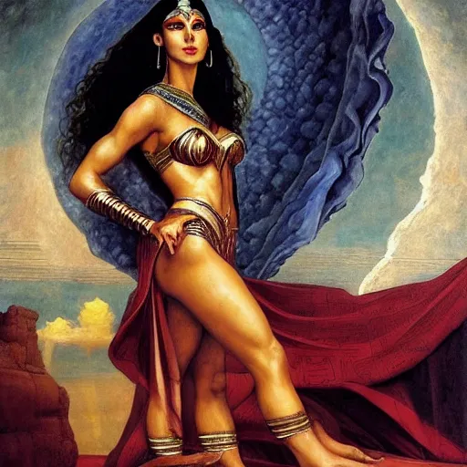 Image similar to Full body oil painting of the beautiful goddess Gal Gadot as Cleopatra, she is wearing egyptian clothes and a surreal jewelry, her hair is natural disheveled, she is approaching heaven over the clouds, Anubis is behind her, naturalism, dramatic lighting, high-detailed oil painting by Ilya Repin, Michelangelo da Caravaggio, William Blake, Alex Grey and Beksinski, trending on Artsation, hystorical painting, naturalism, masterpiece, 4k, 8k,