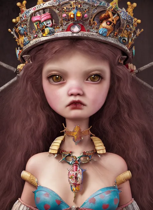 Image similar to highly detailed closeup, profile portrait of a tin toy goth fairytale princess wearing a crown, bikini, unreal engine, nicoletta ceccoli, mark ryden, earl norem, lostfish, global illumination, detailed and intricate environment