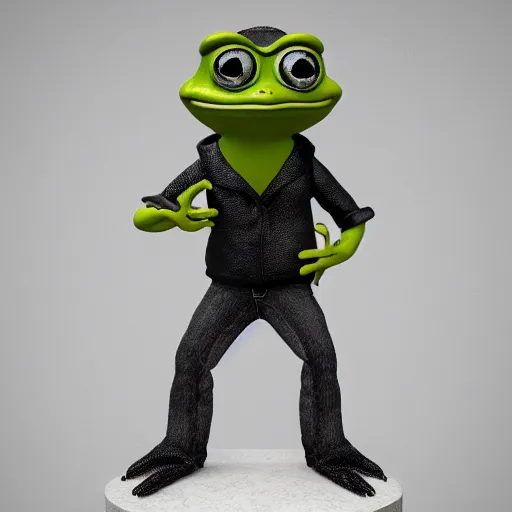 Image similar to perfectly accurate miniature figure of pepe the frog wearing jeans and a black leather jacket, soft textures, skin texture, clothing, 3d sculpture, textured, fine detail, lifelike, photo, high resolution, octane render, post processing, after effects, trending on artstation