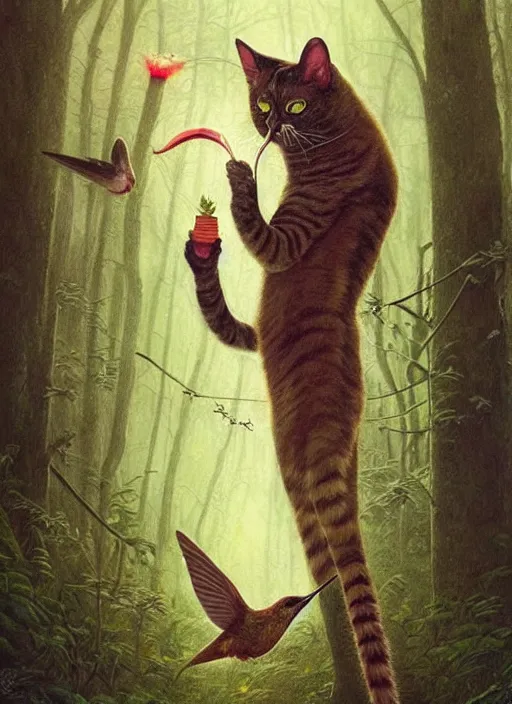 Image similar to a hyper realistic illustrated cat with playing with a hummingbird on its paw in the woods gorgeous lighting, lush forest foliage painting by chiara bautista and beksinski and norman rockwell and greg rutkowski weta studio, and lucasfilm