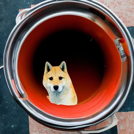 Image similar to doge trapped in tomato sauce pot