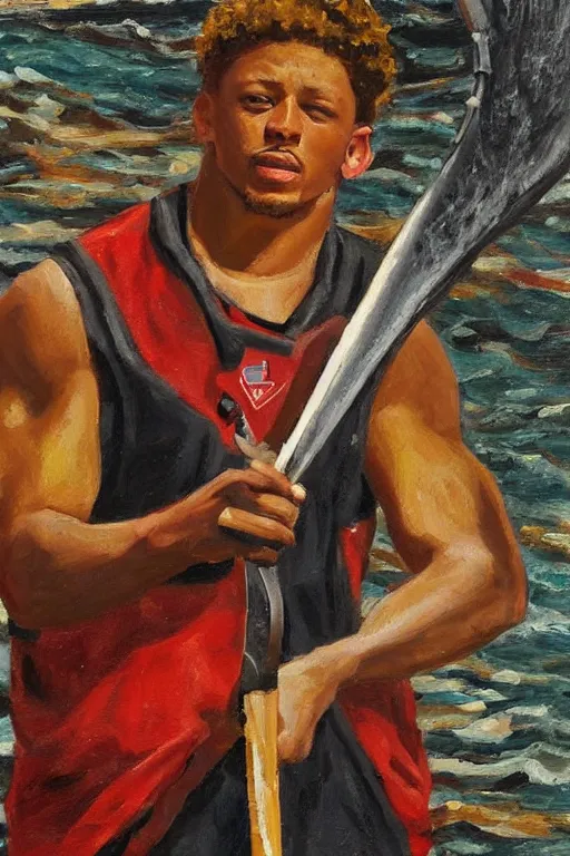 Prompt: patrick mahomes holding a whaling harpoon, the harpoon is sharp, he's on an old sailing boat, oil painting