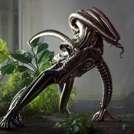 Image similar to a xenomorph made of plants, art by artgerm and greg rutkowski and alphonse mucha, concept art, octane render, unreal engine 5, highly detailed, high quality, 8 k, soft lighting, realistic face, path traced