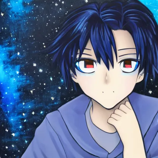 Prompt: a dark blue haired anime boy with deep blue eyes, with an indigo - tinted cosmic background