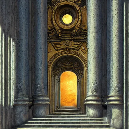 Prompt: carved futuristic gateway at the end of ancient ornate steps with a large wide window to a city which details the vast architectural scientific ancient and cultural achievements of humankind, complex composition, molecules and machines, renato muccillo, jorge jacinto, damian kryzwonos, ede laszlo, highly detailed digital art, cinematic blue and gold