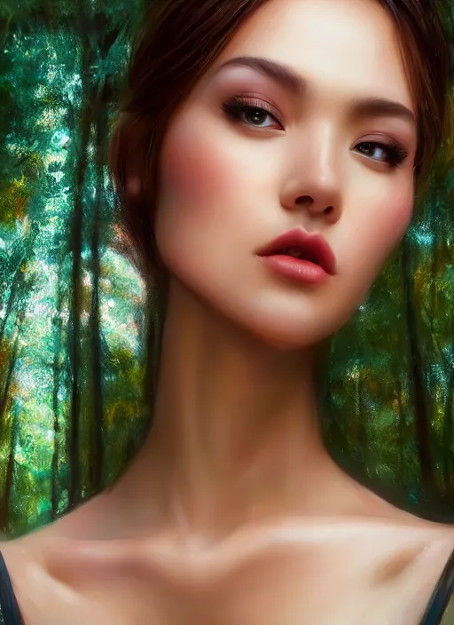 Image similar to photo of a gorgeous female in the style of stefan kostic, realistic, professionally, professionally color graded, half body shot, sharp focus, 8 k high definition, insanely detailed, intricate, elegant, art by stanley lau and artgerm, shallow depth of field, blurred forest in background