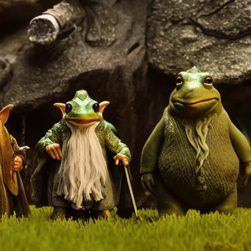 Prompt: gandalf and the hobbits as frogs, cinematic shot, 8 k, film still