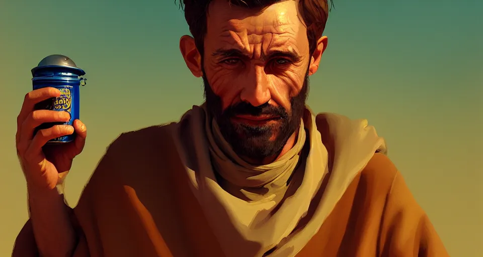 Image similar to a portrait of a man who sells me canteens warning me of the desert, artstation, cgsociety