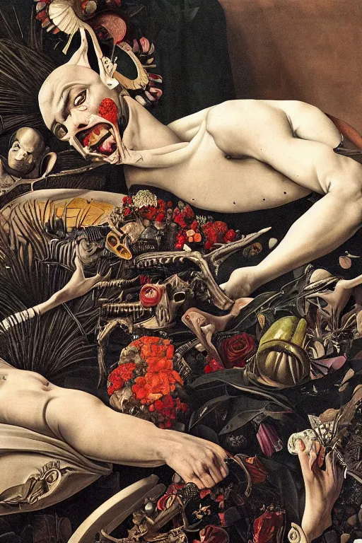 Prompt: Detailed maximalist portrait a man lying on bed with large lips and with large white eyes, exasperated expression, botany bones, HD mixed media, 3D collage, highly detailed and intricate, surreal illustration in the style of Caravaggio, dark art, baroque