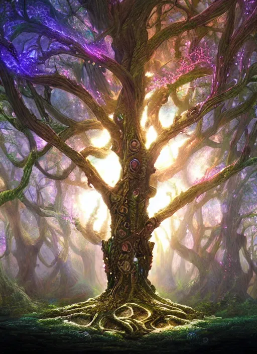 Image similar to tree of life, four seasons, volymetric light, highly detailed matte painting by ( ohrai ), charlie bowater and mark brooks