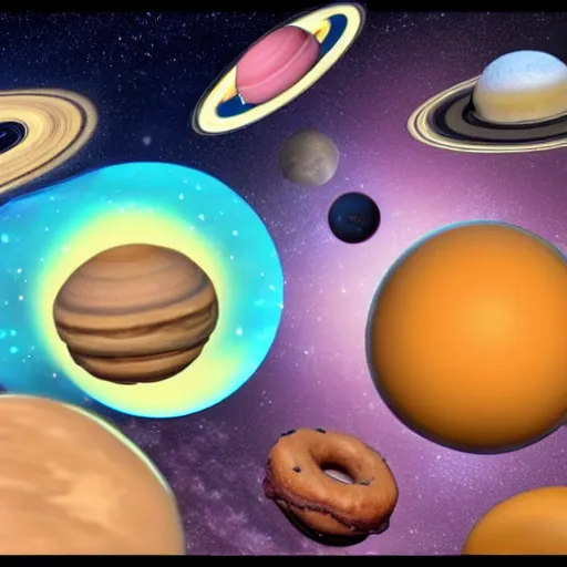 Image similar to the planets in our solar system, if they were donuts from the simpsons, unreal engine 5, high detail