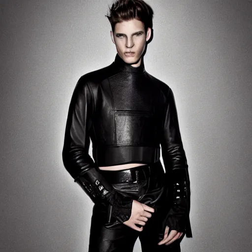 Prompt: a editorial photo of a male model wearing a designer medieval cropped leather menswear jacket by alexander mcqueen