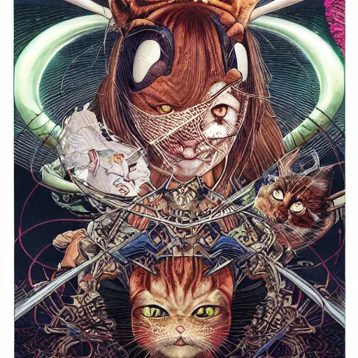 Image similar to portrait of crazy cat woman, symmetrical, by yoichi hatakenaka, masamune shirow, josan gonzales and dan mumford, ayami kojima, takato yamamoto, barclay shaw, karol bak, yukito kishiro