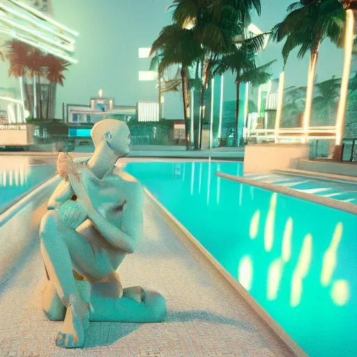 Prompt: a broken statue in a surreal underground white tiled swimming pool surrounded by neon lights and palm trees in vapor wave style, 3D octane render, hyperrealistic, finely detailed, dramatic lighting, neon lighting, unreal engine, houdini, 8k, 4k, raytracing