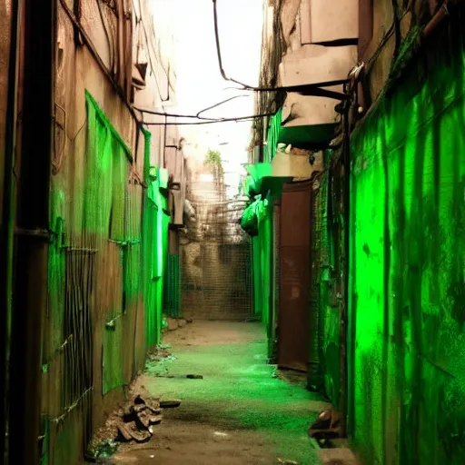 Prompt: an alleyway in a slum with green lighting in the style of arcane