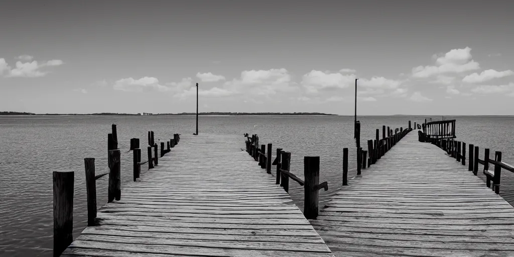 Image similar to infrared photograph of a seaside dock