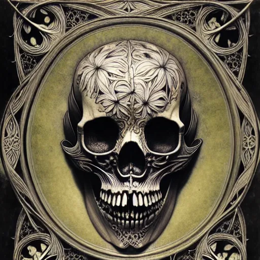 Image similar to art forms of nature by ernst haeckel, memento mori by arthur rackham, ornate antique porcelain beautiful skull mask, ultrasharp, photorealistic, hyperdetailed, octane render, polished, art nouveau, neo - gothic, gothic, intricate ornamental organic filigree, art nouveau botanicals, art forms of nature by ernst haeckel, horizontal symmetry, symbolist, visionary